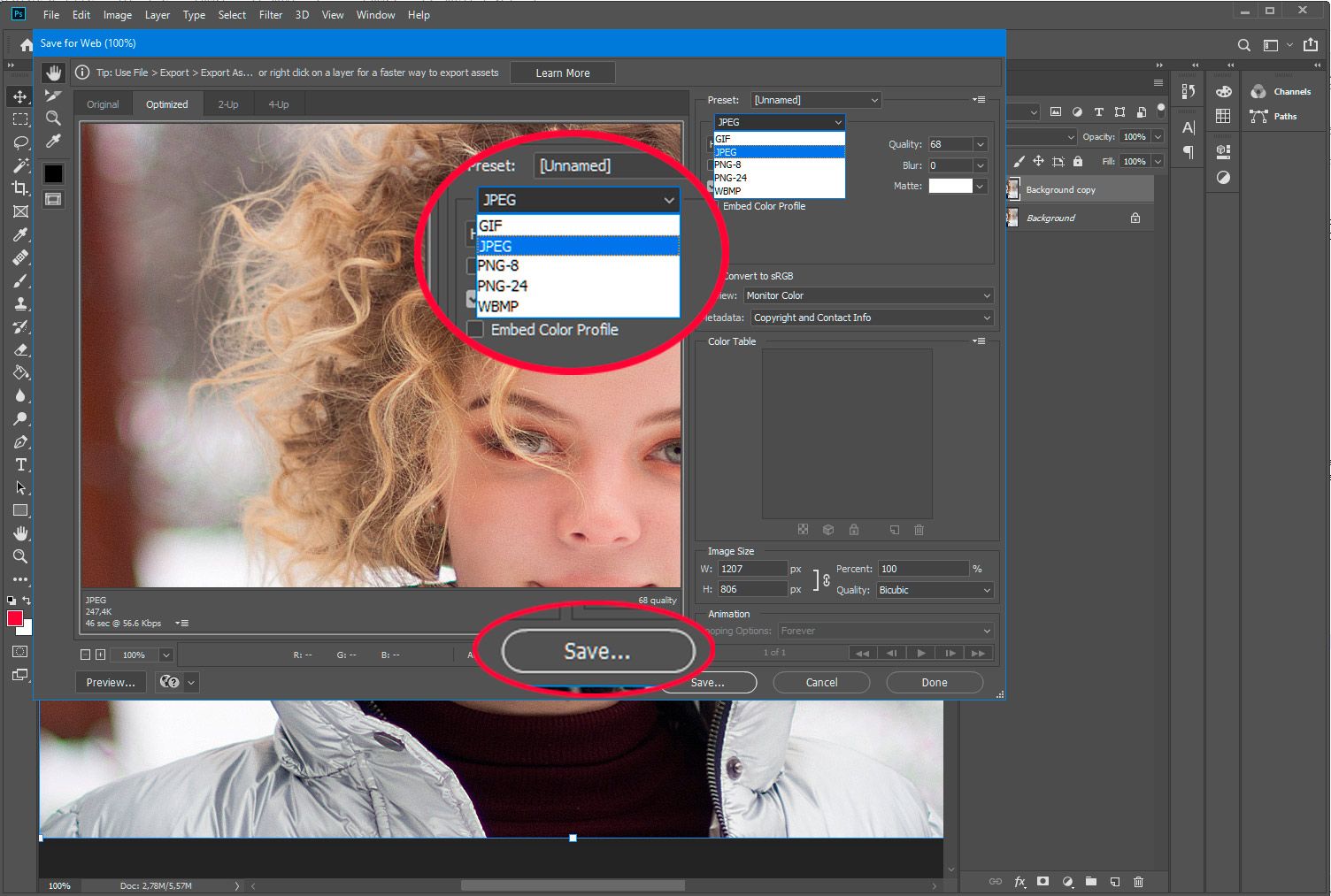Adobe Photoshop. PSD opslaan voor web als jpg..