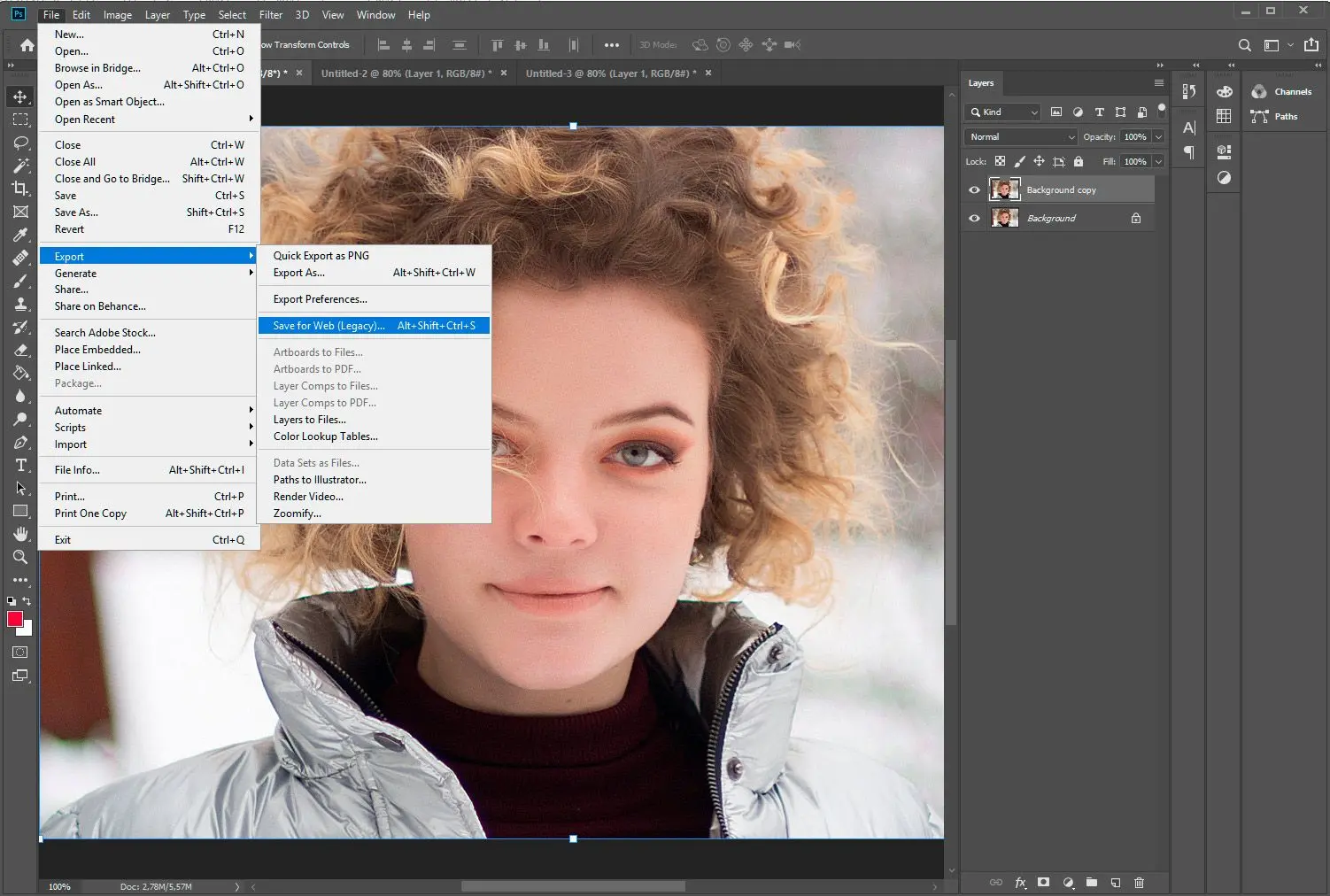 Adobe Photoshop. Kies voor opslaan voor web..