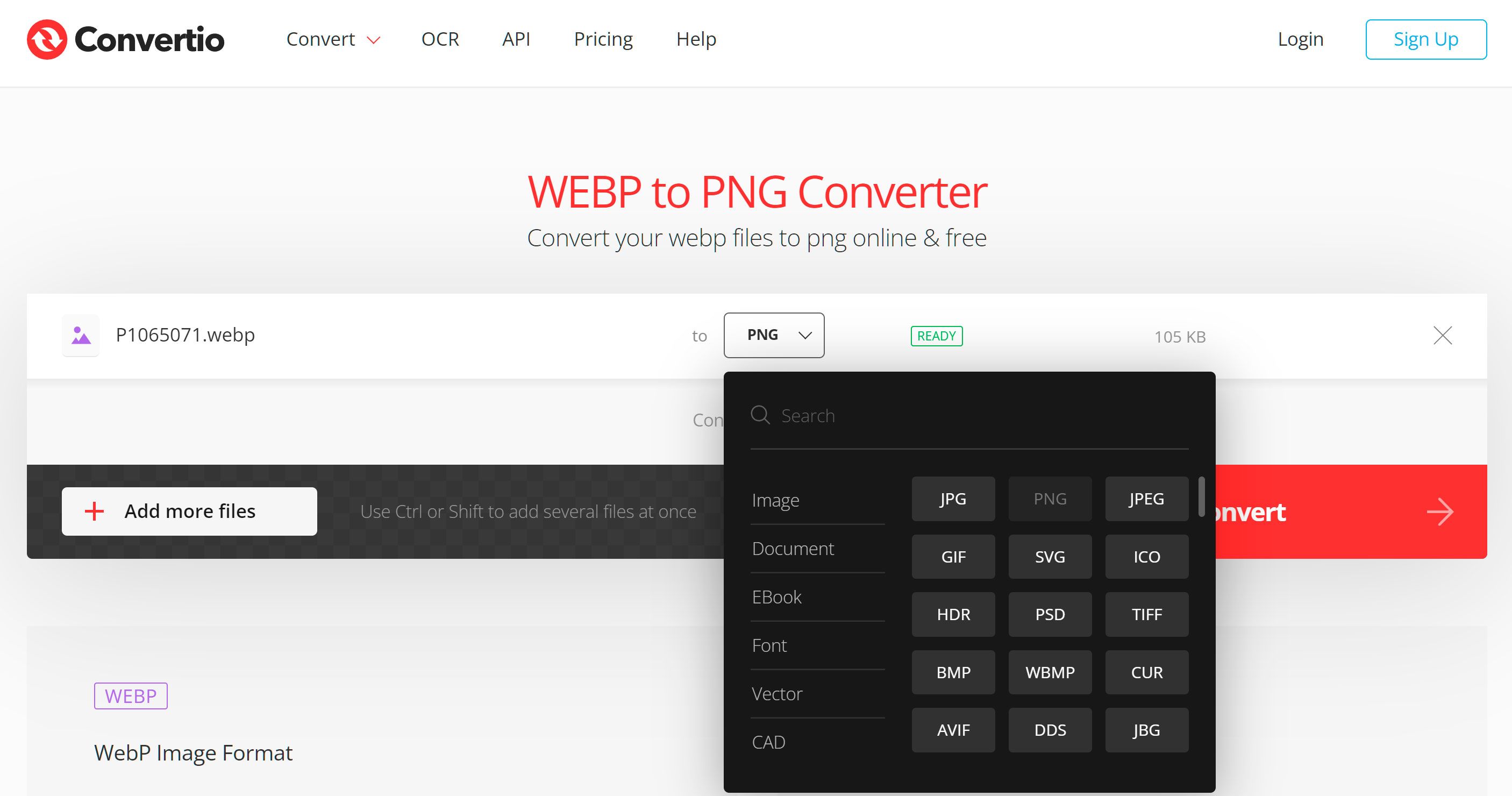 Kies het PNG-formaat om te converteren van WebP online..