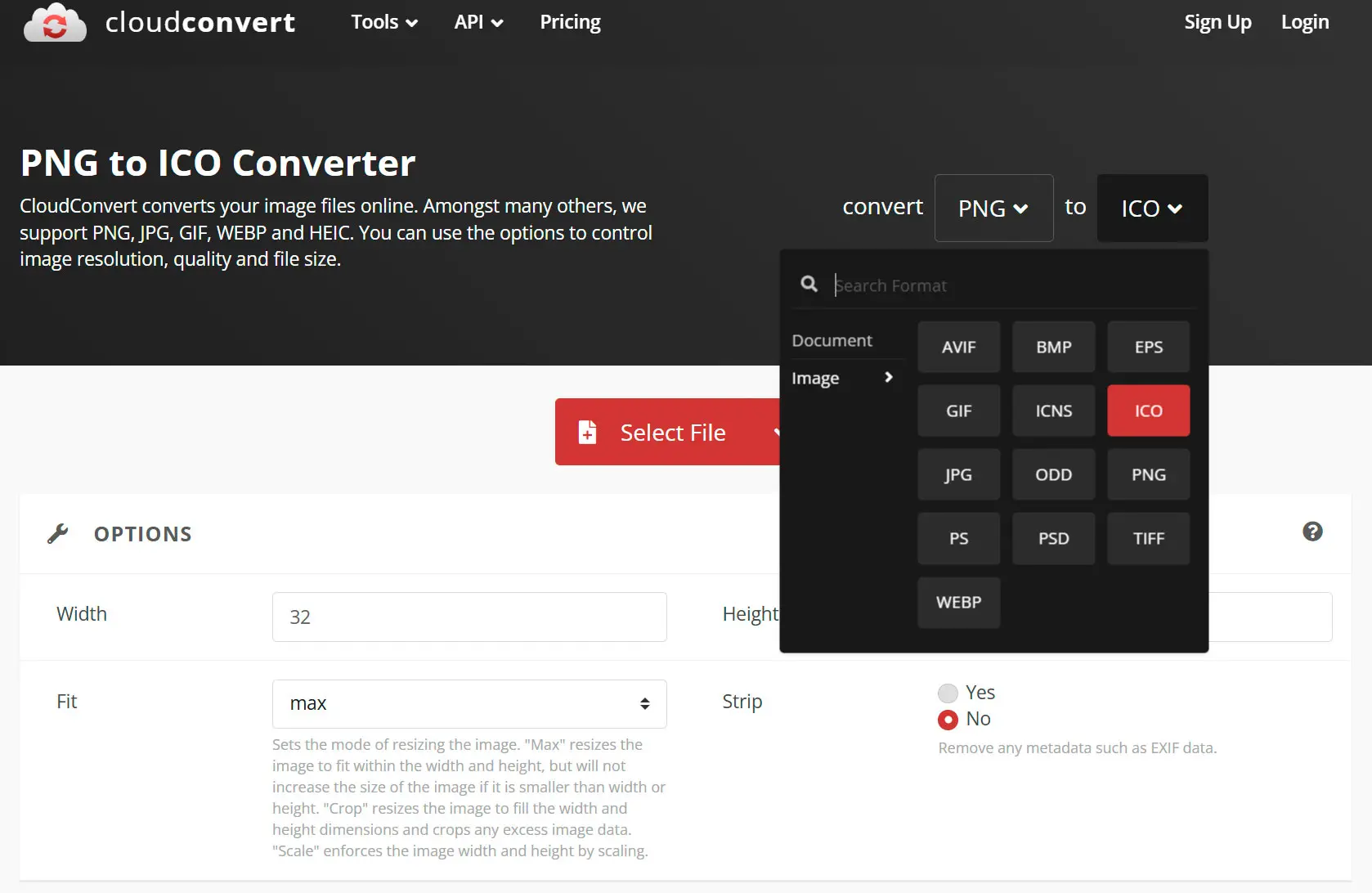 CloudConvert: png naar icoon..