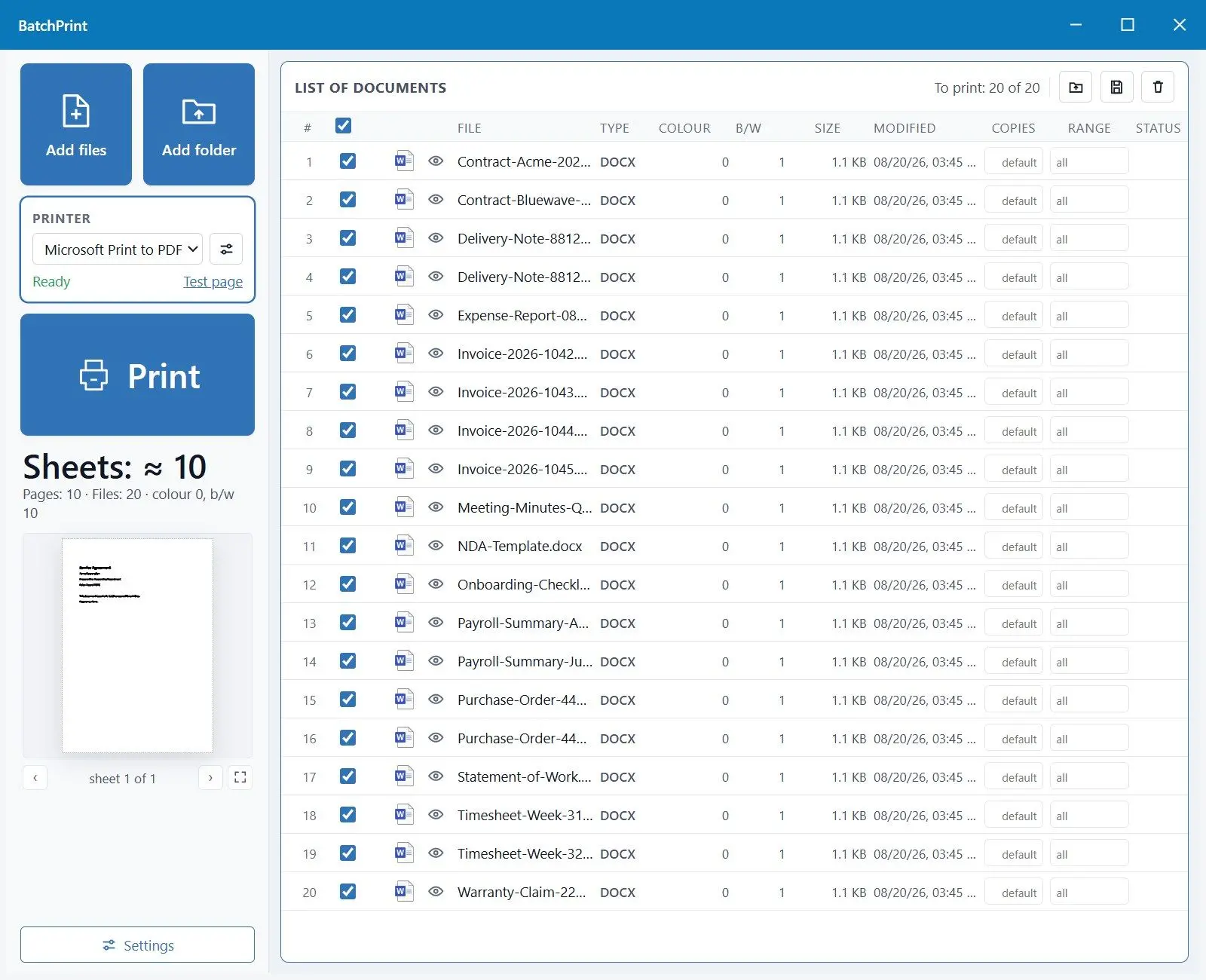 BatchPrint Schermafbeelding.