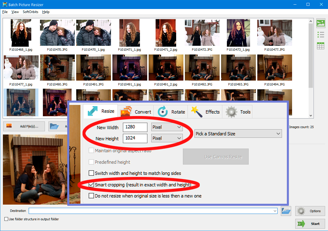 Selecteer slimme formaatwijziging van meerdere afbeeldingen.