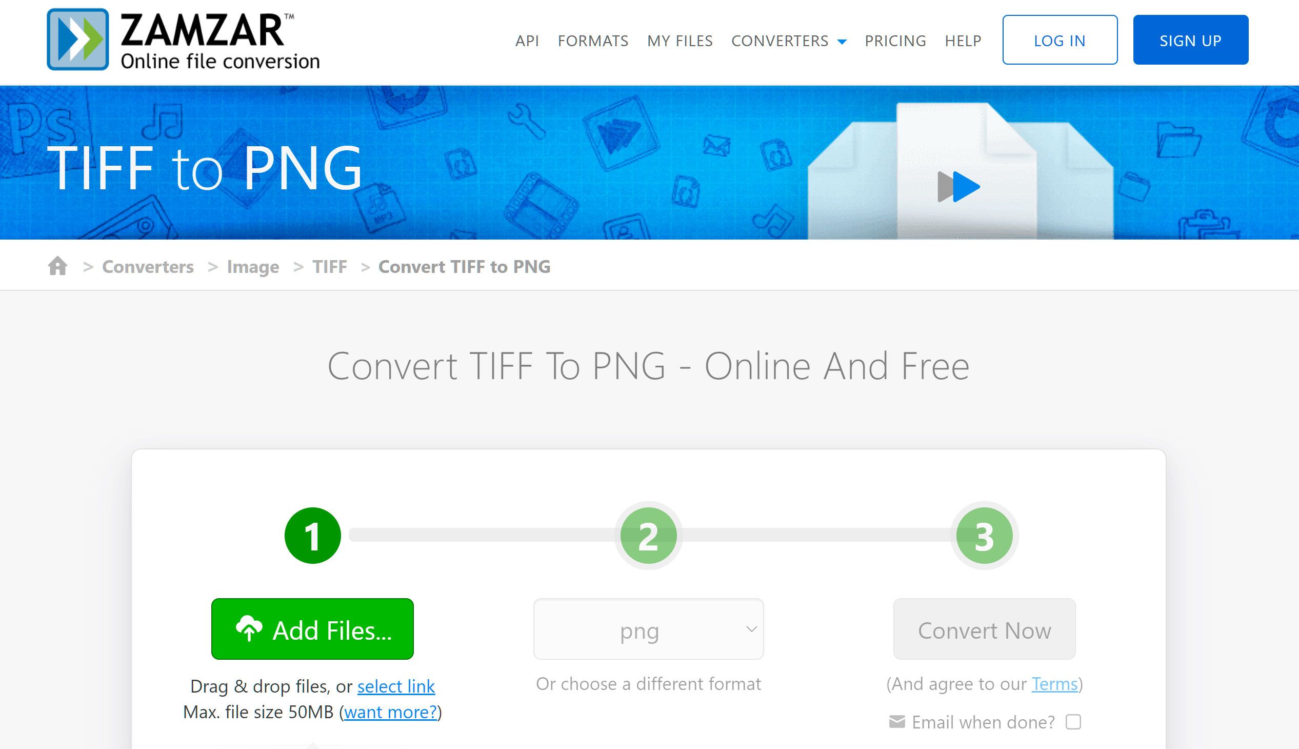 Online Converter TIFF naar PNG openen..