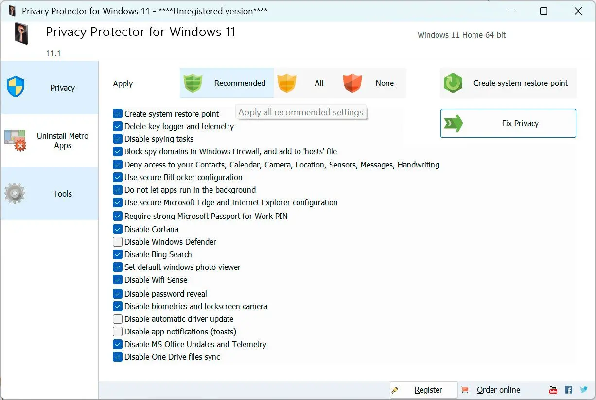 Privacy Protector for Windows 11 Schermafbeelding.