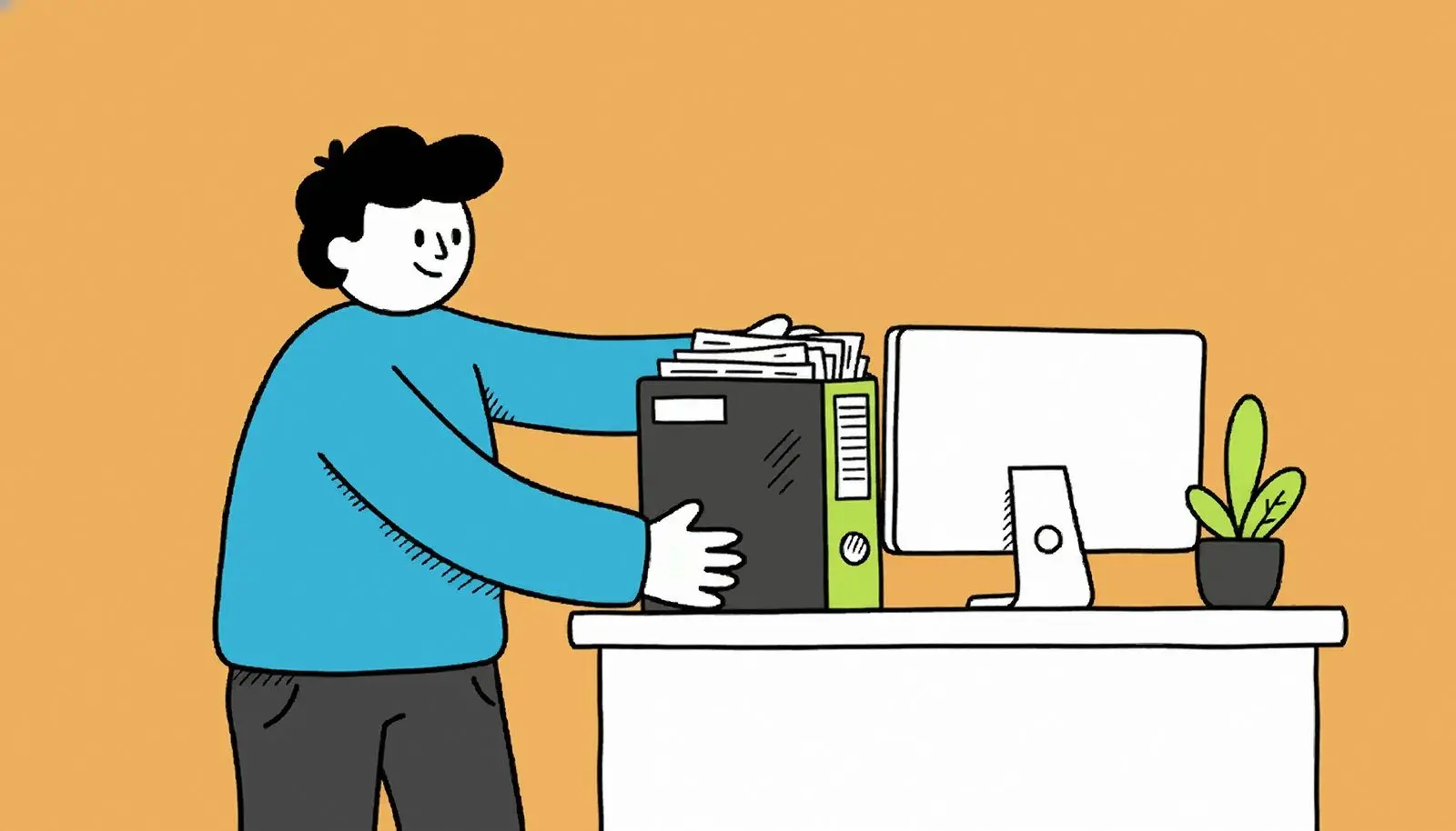 Een ordner met oude brieven op een modern bureau.