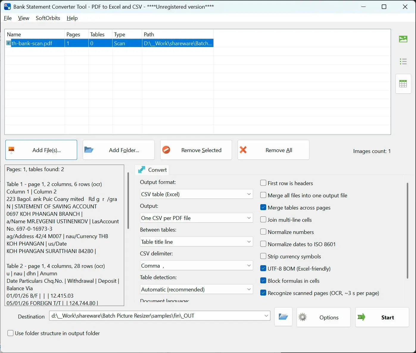 PDF to CSV Converter Schermafbeelding.