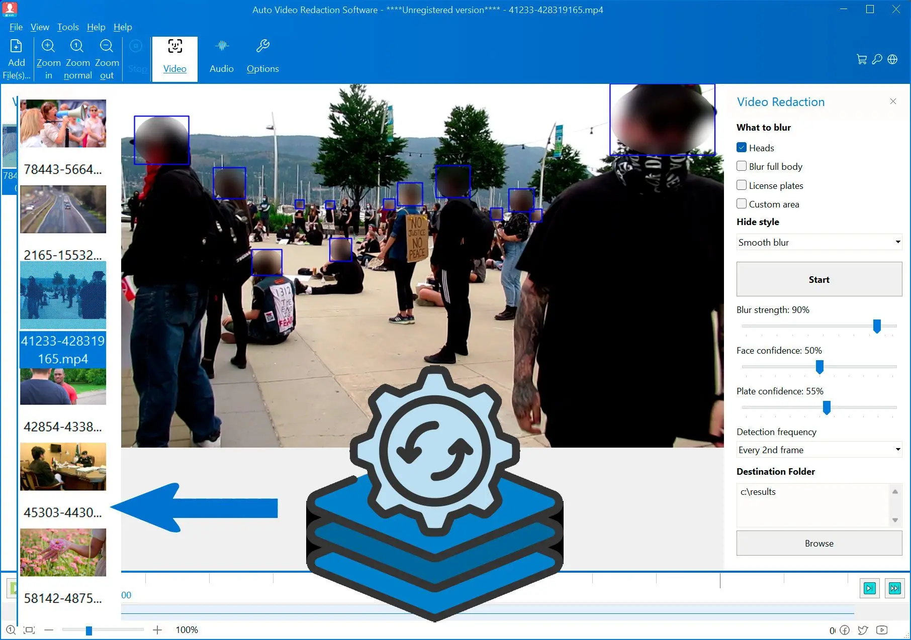 Start met het vervagen van gezichten in batch-modus voor alle video