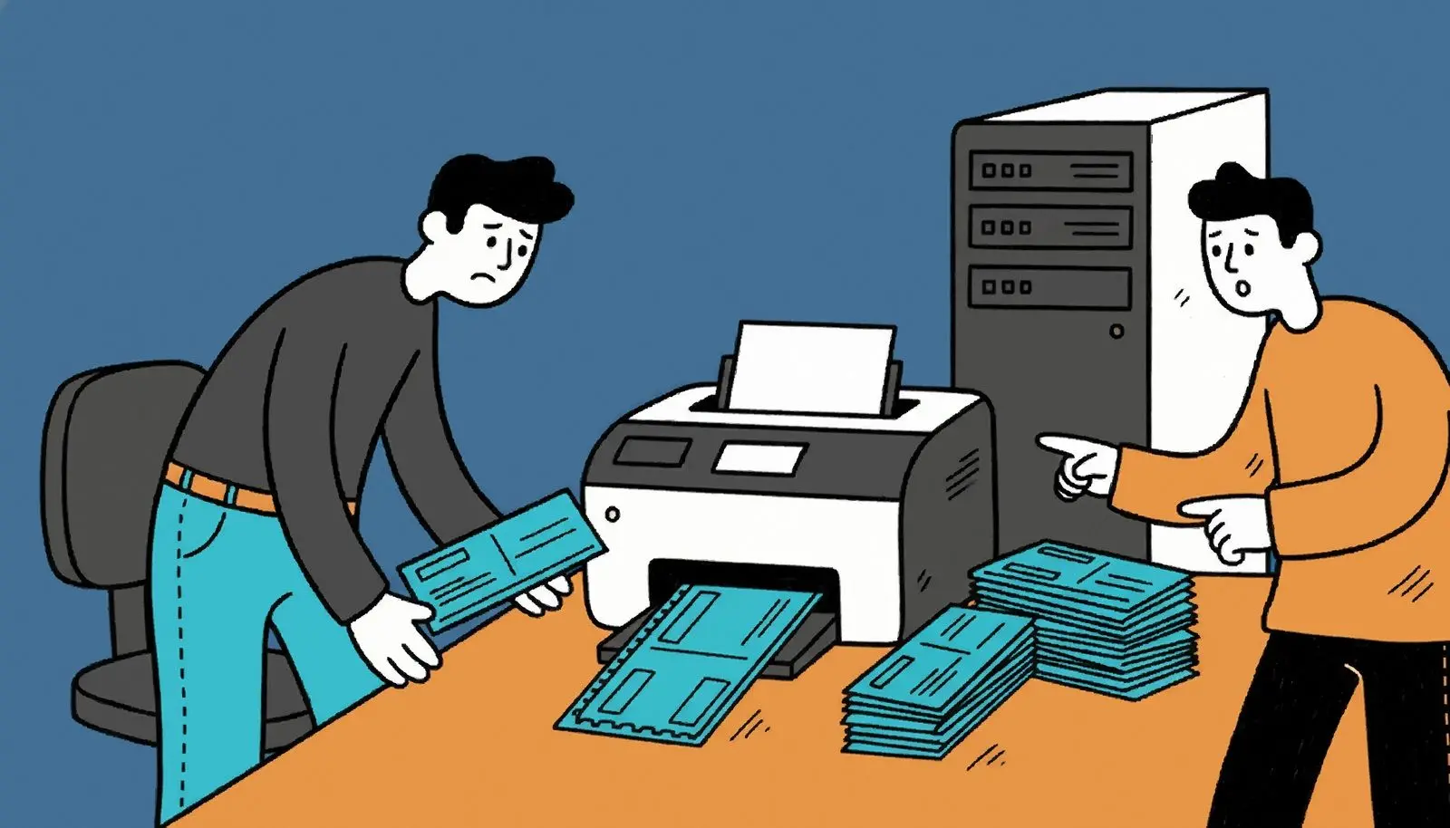 Een klein stapeltje afgedrukte salarischeques naast een laserprinter.
