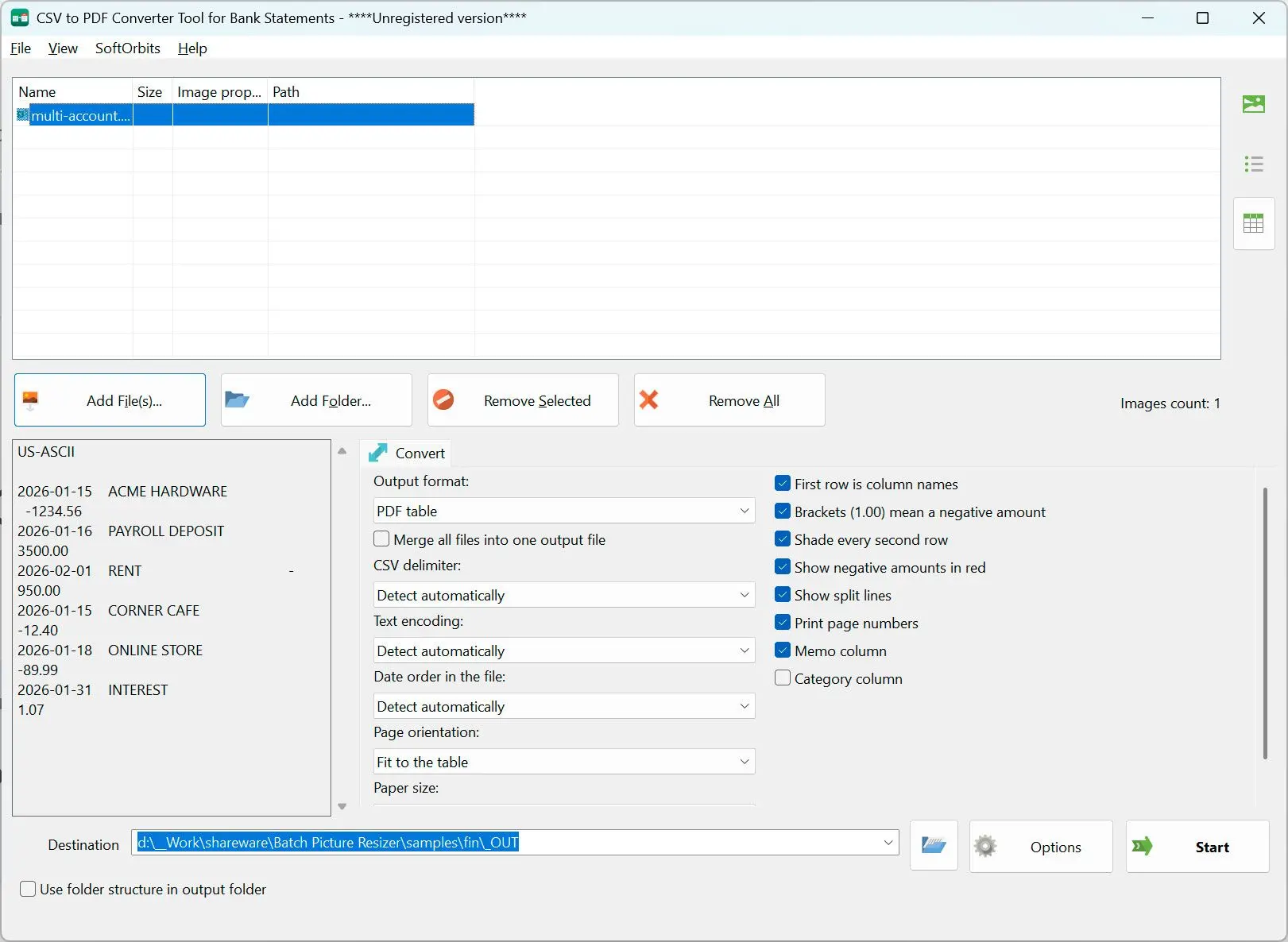 CSV to PDF Converter Schermafbeelding.