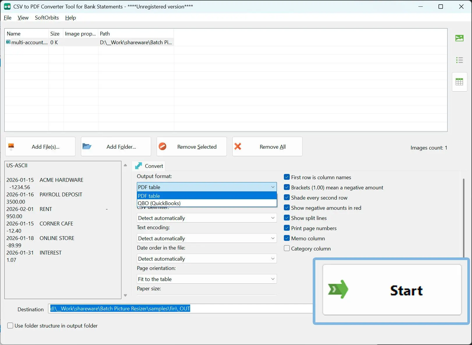 Laat PDF geselecteerd en start de conversie.