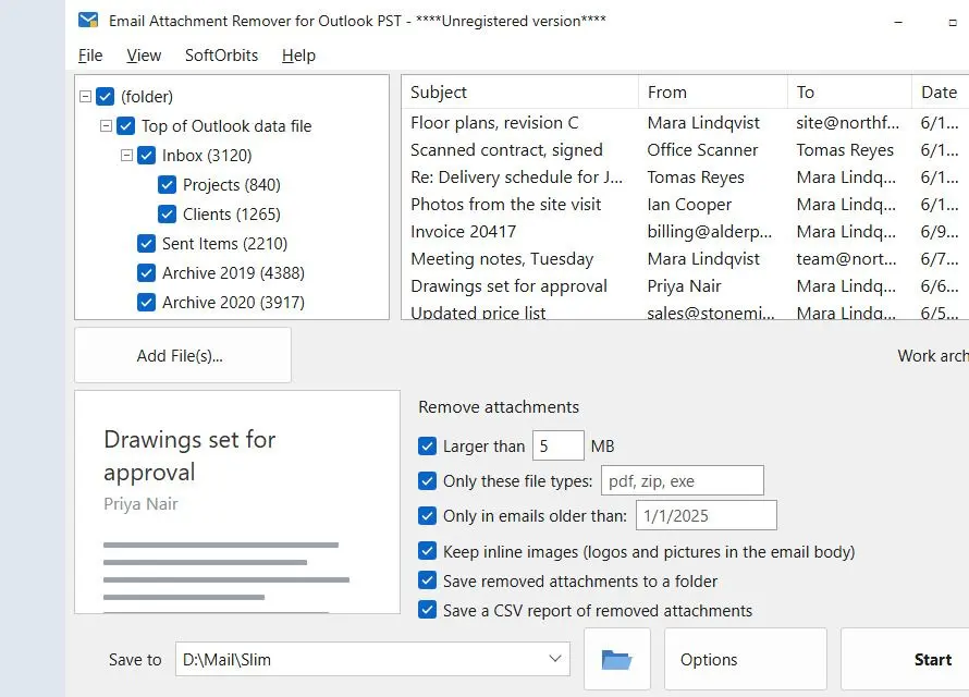Email Attachment Remover for Outlook PST Schermafbeelding.