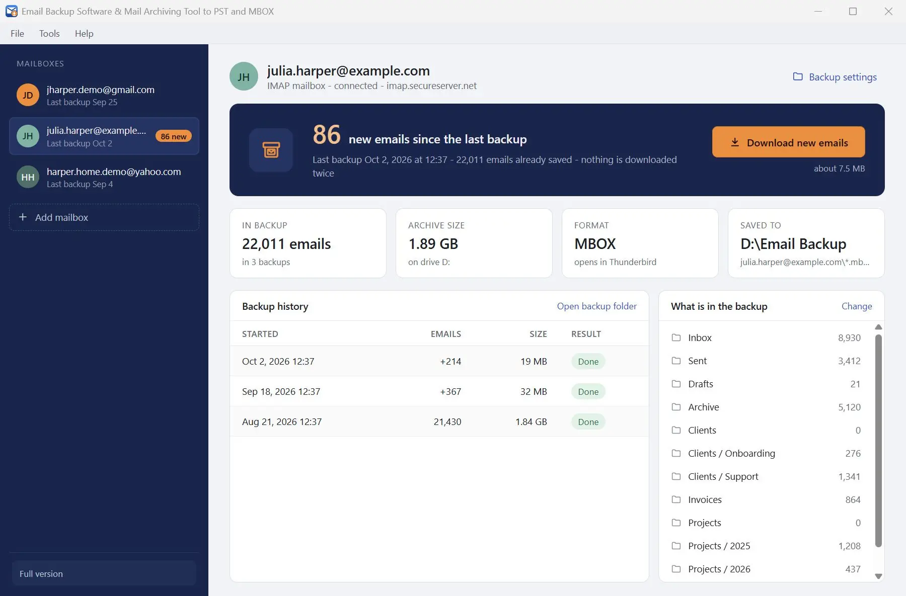 Email Backup Software & Mail Archiving Tool to PST and MBOX Schermafbeelding.