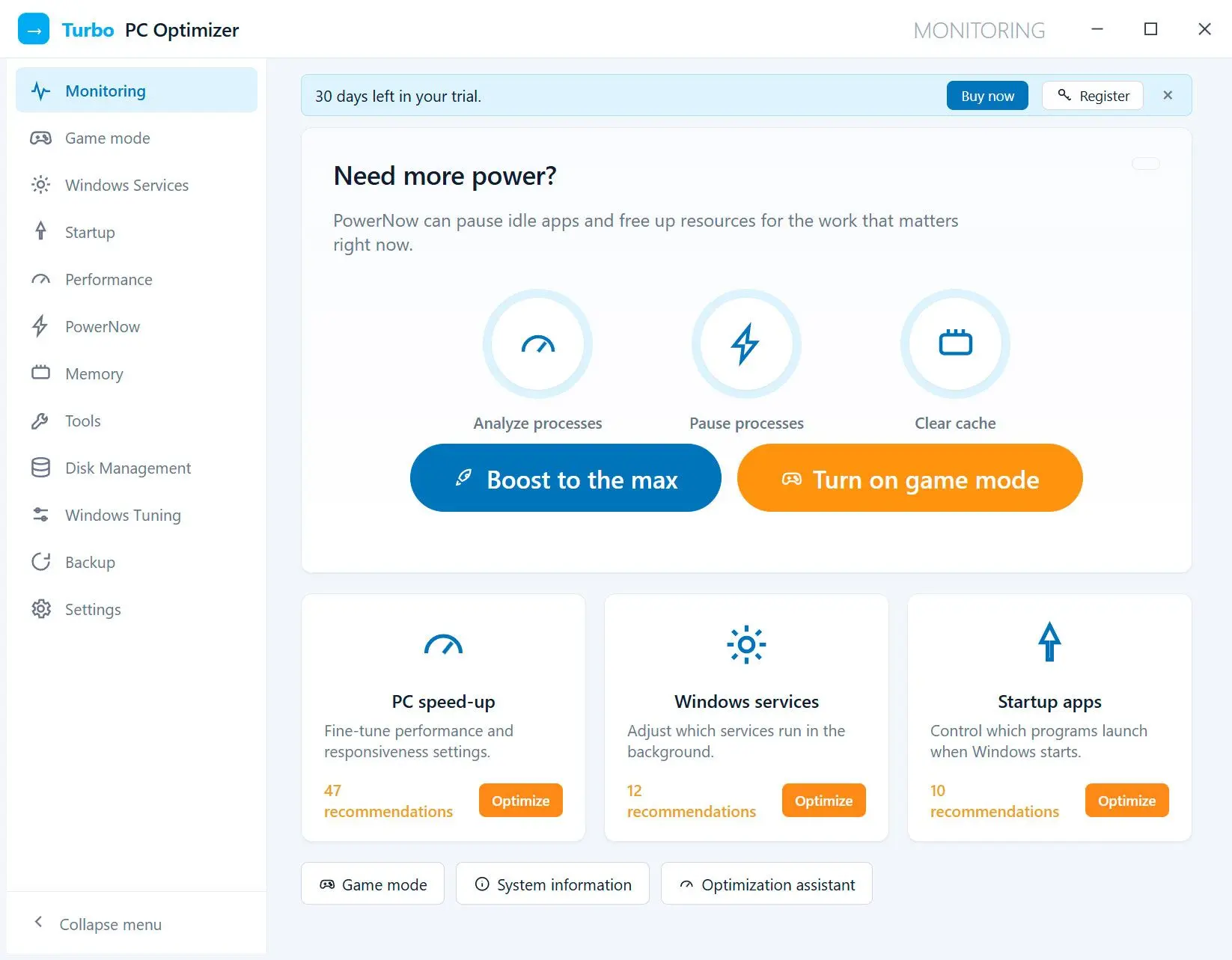Turbo PC Optimizer Schermafbeelding.
