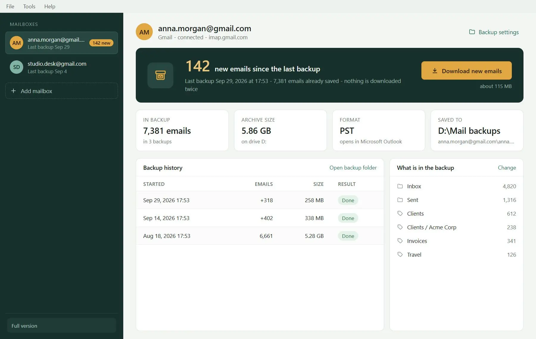 Gmail Backup & Export Software to PST and MBOX Schermafbeelding.