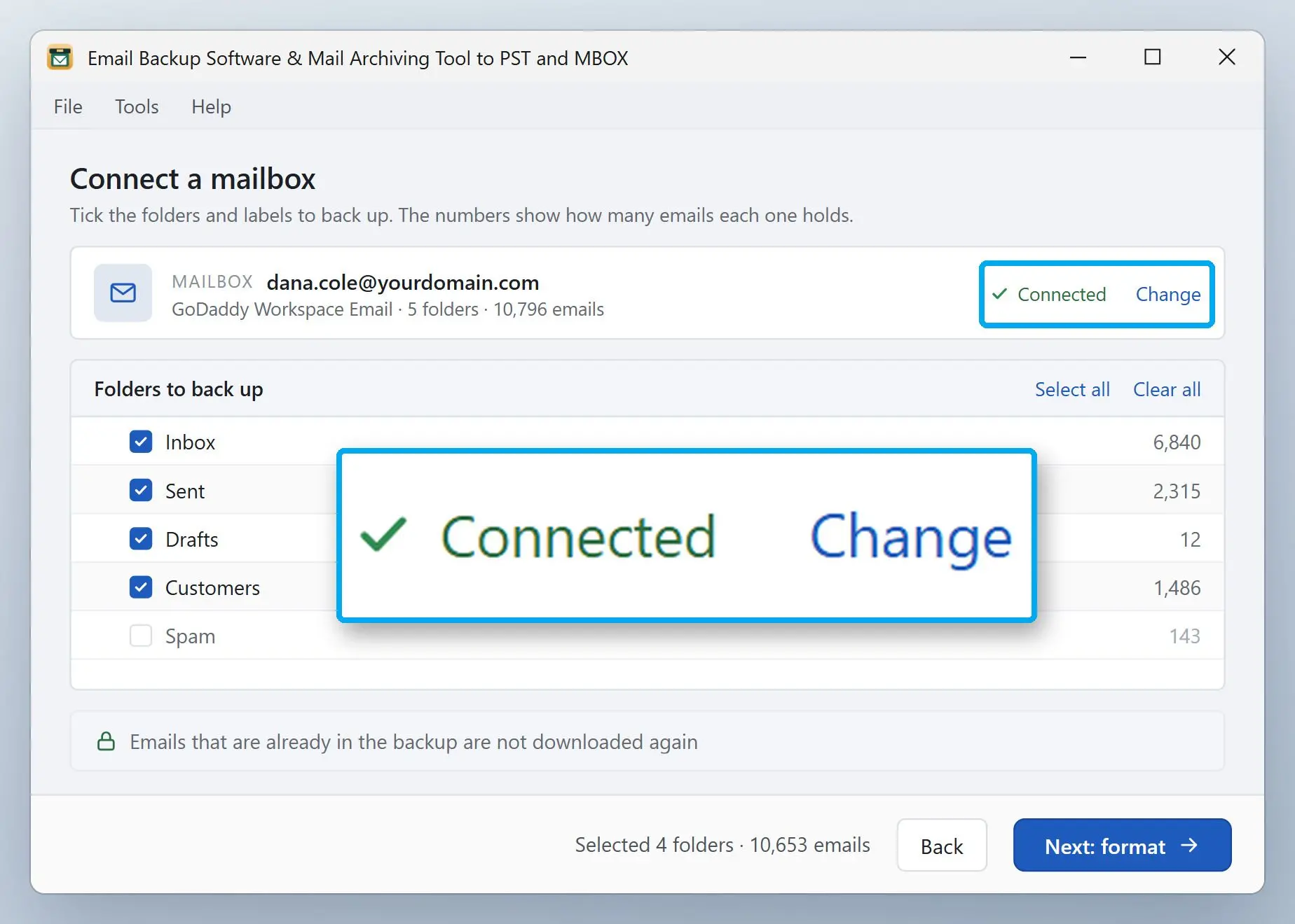 Email Backup Software & Mail Archiving Tool to PST and MBOX Schermafbeelding.