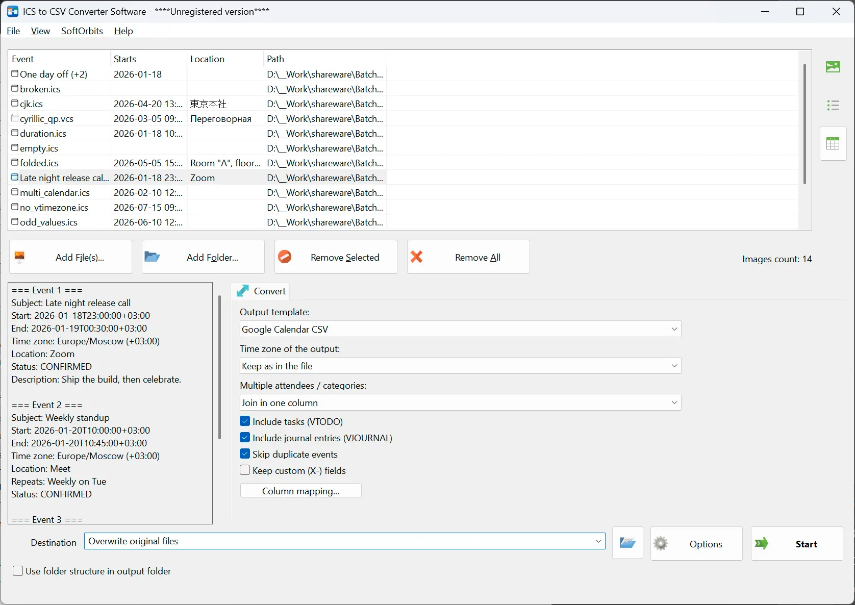 ICS to CSV Converter Schermafbeelding.