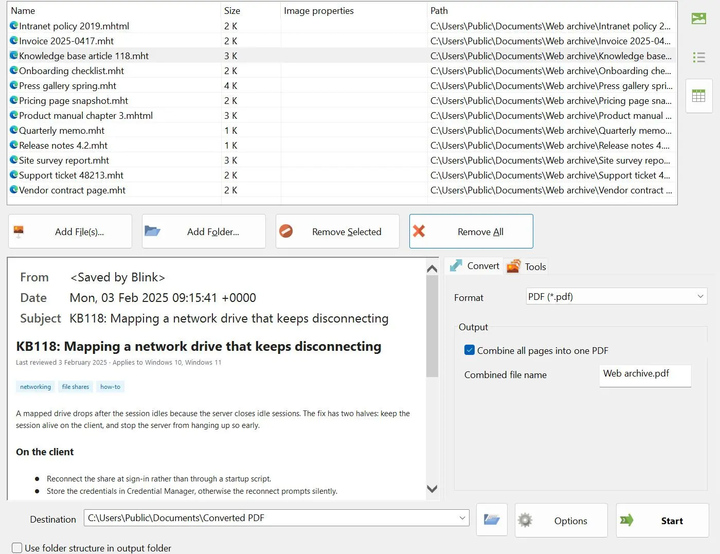 MHTML to PDF Converter Schermafbeelding.