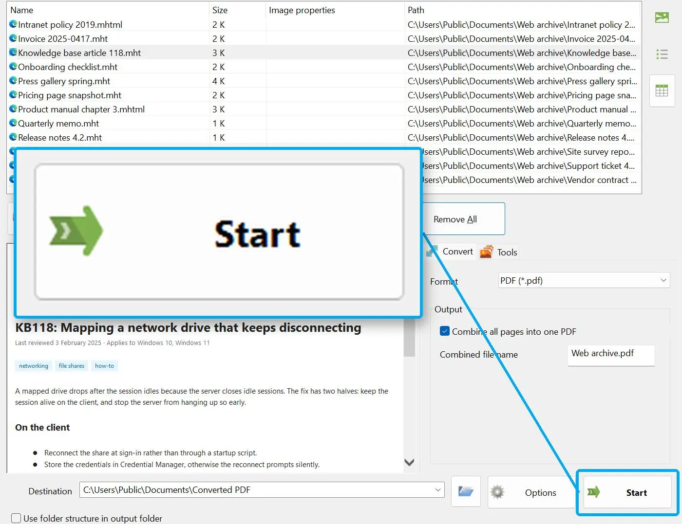 Doelmap instellen en starten.