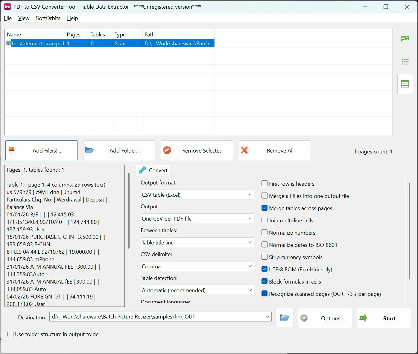 PDF to CSV Converter Schermafbeelding.