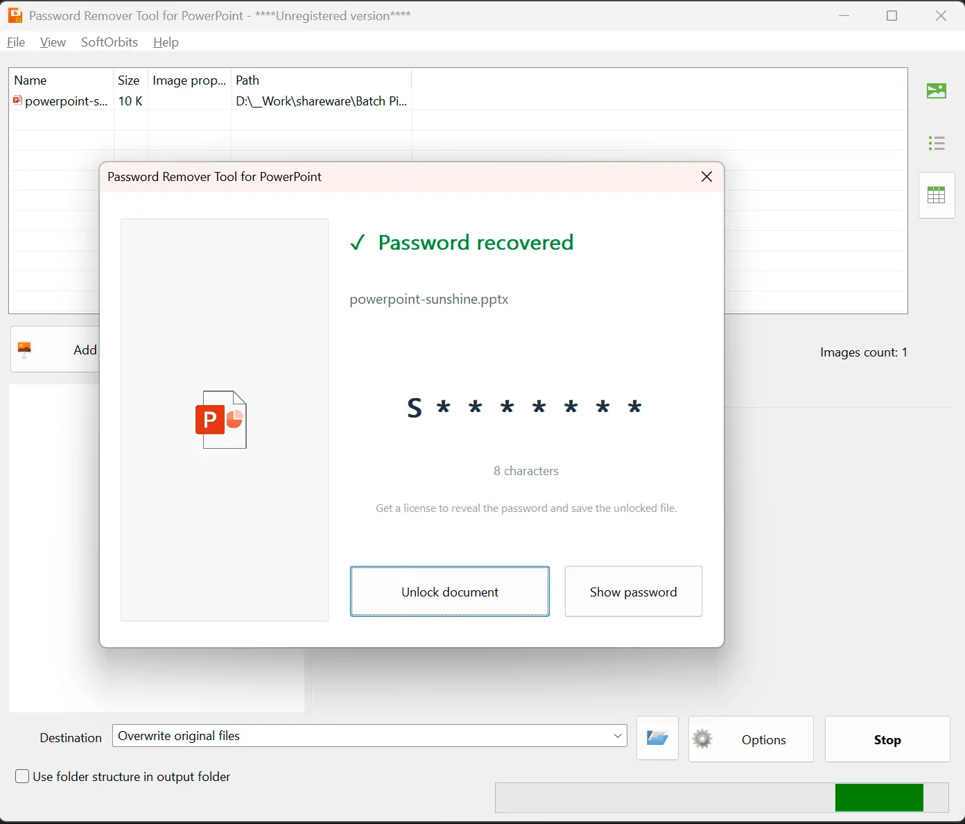 Password Remover Tool for PowerPoint Schermafbeelding.
