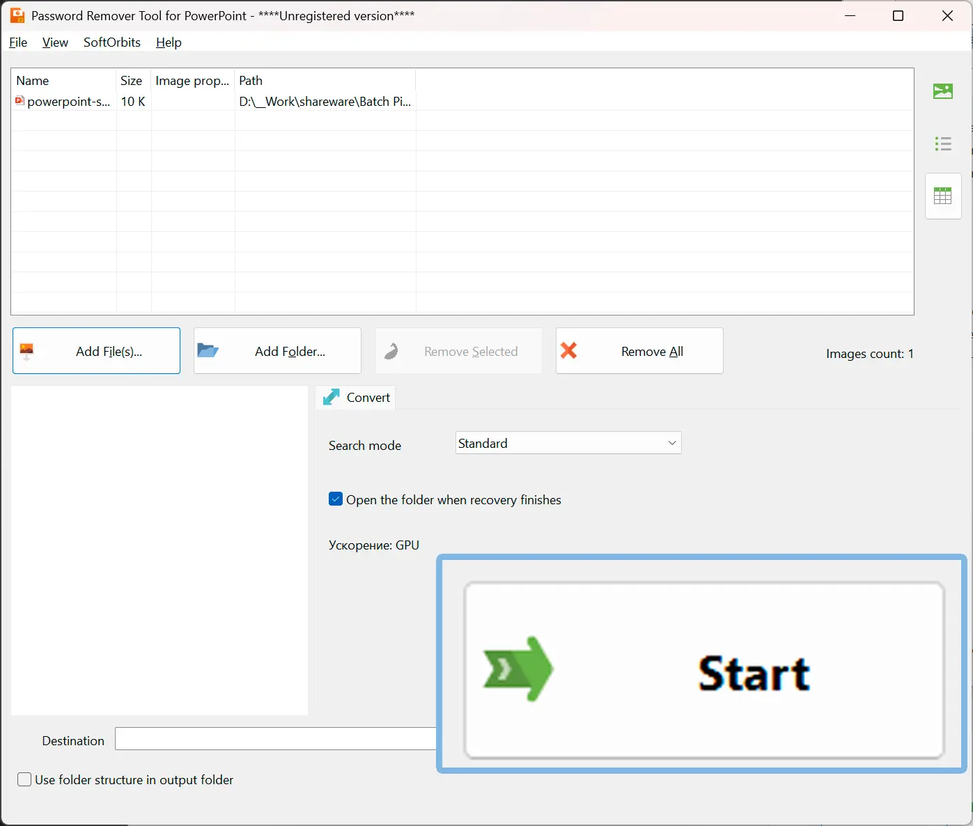 Kies een zoekerdiepte en druk op Start.