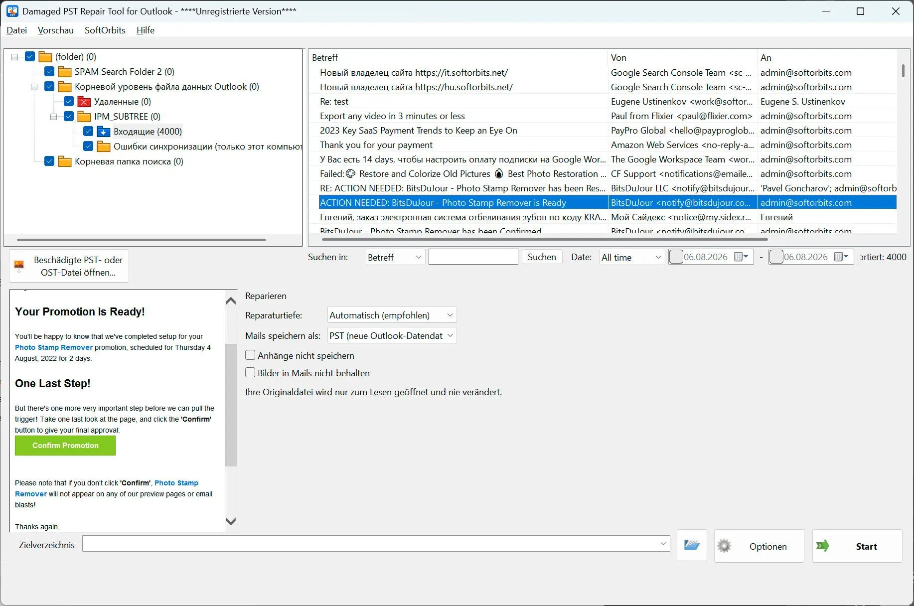 PST Repair Tool for Outlook Schermafbeelding.