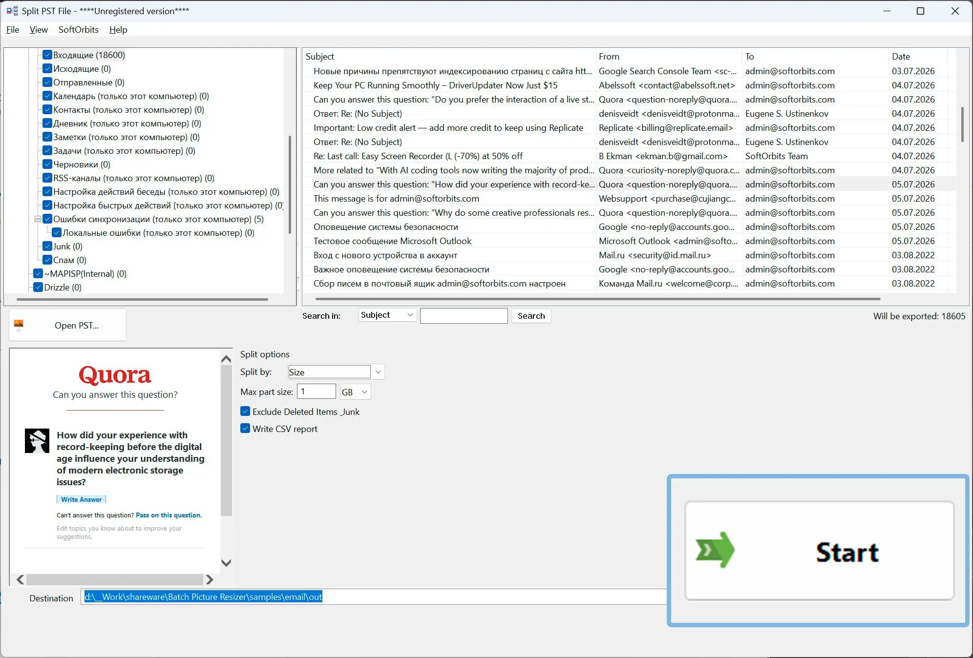 Kies een doelmap en start het proces.