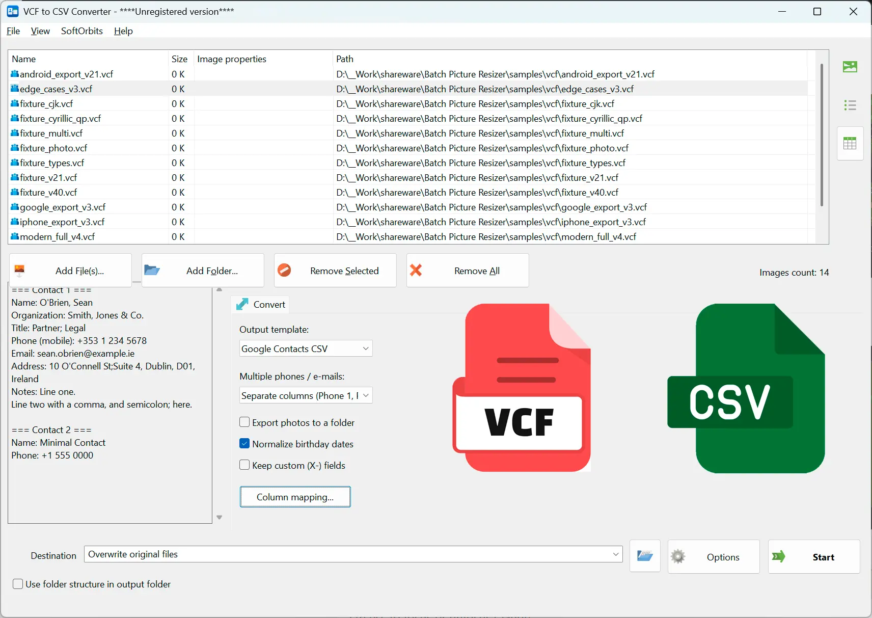 VCF to CSV Converter Software Schermafbeelding.