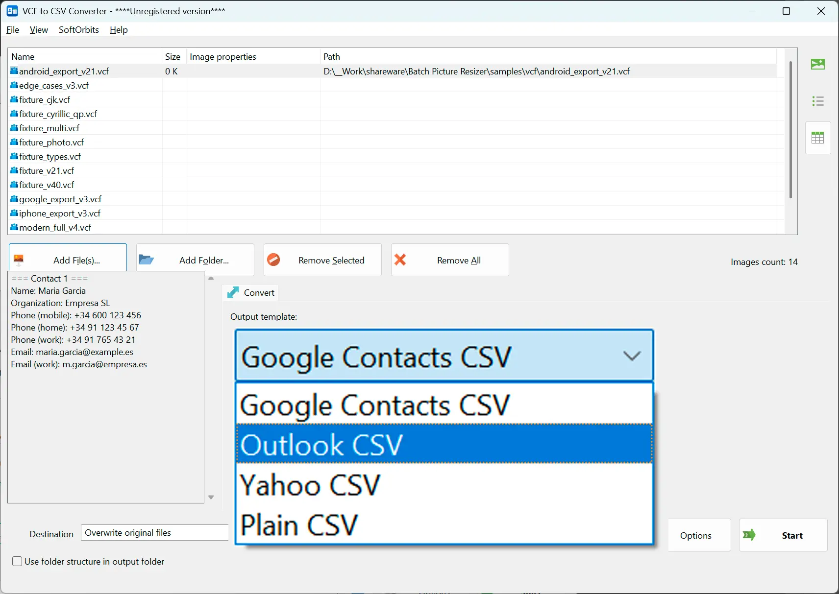Kies een CSV-preset en opties.