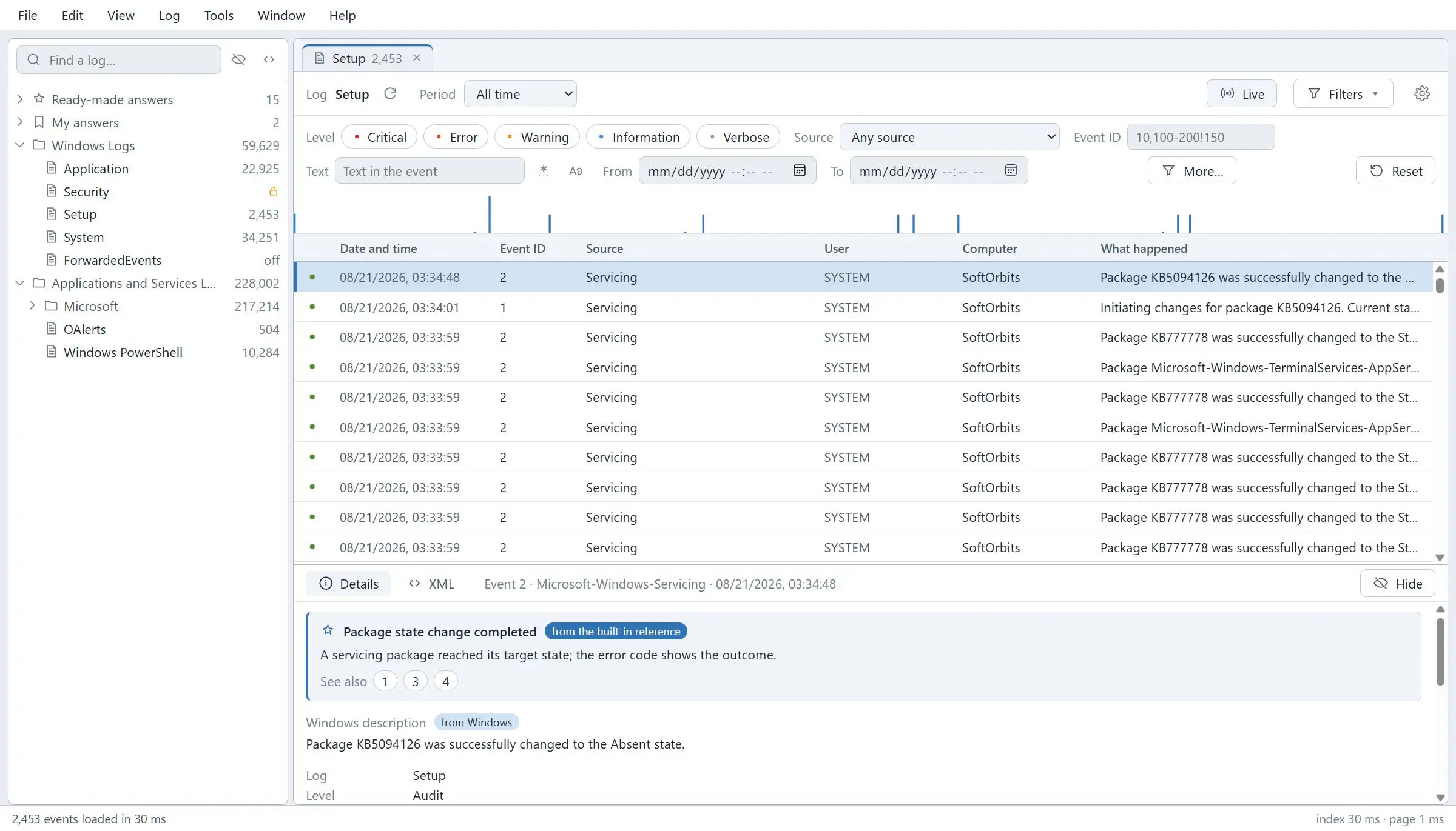 Windows Event Log Viewer Schermafbeelding.