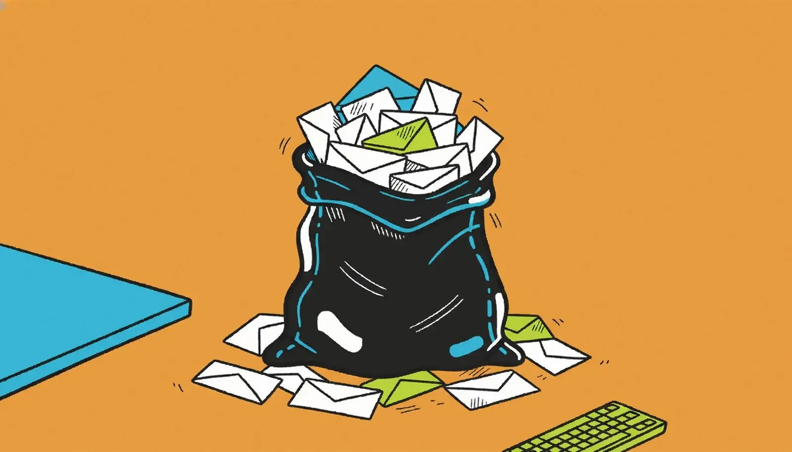 Een overvolle postzak waar de enveloppen uitpuilen.