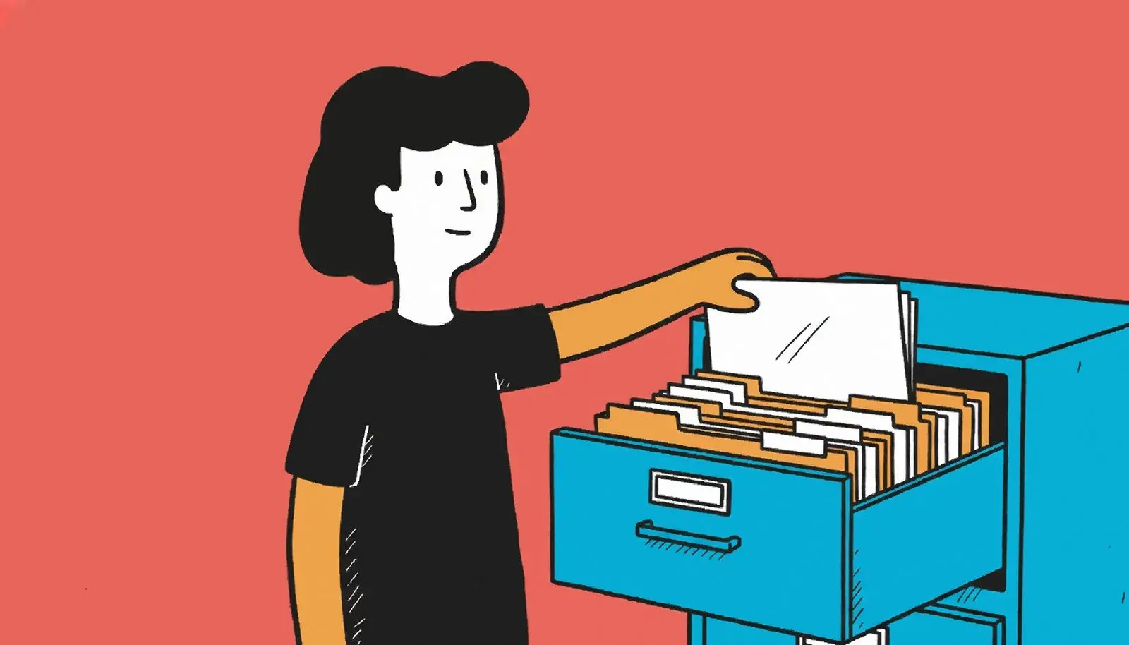 Eén enkel papieren dossier dat uit een volle archiefkast wordt getrokken.